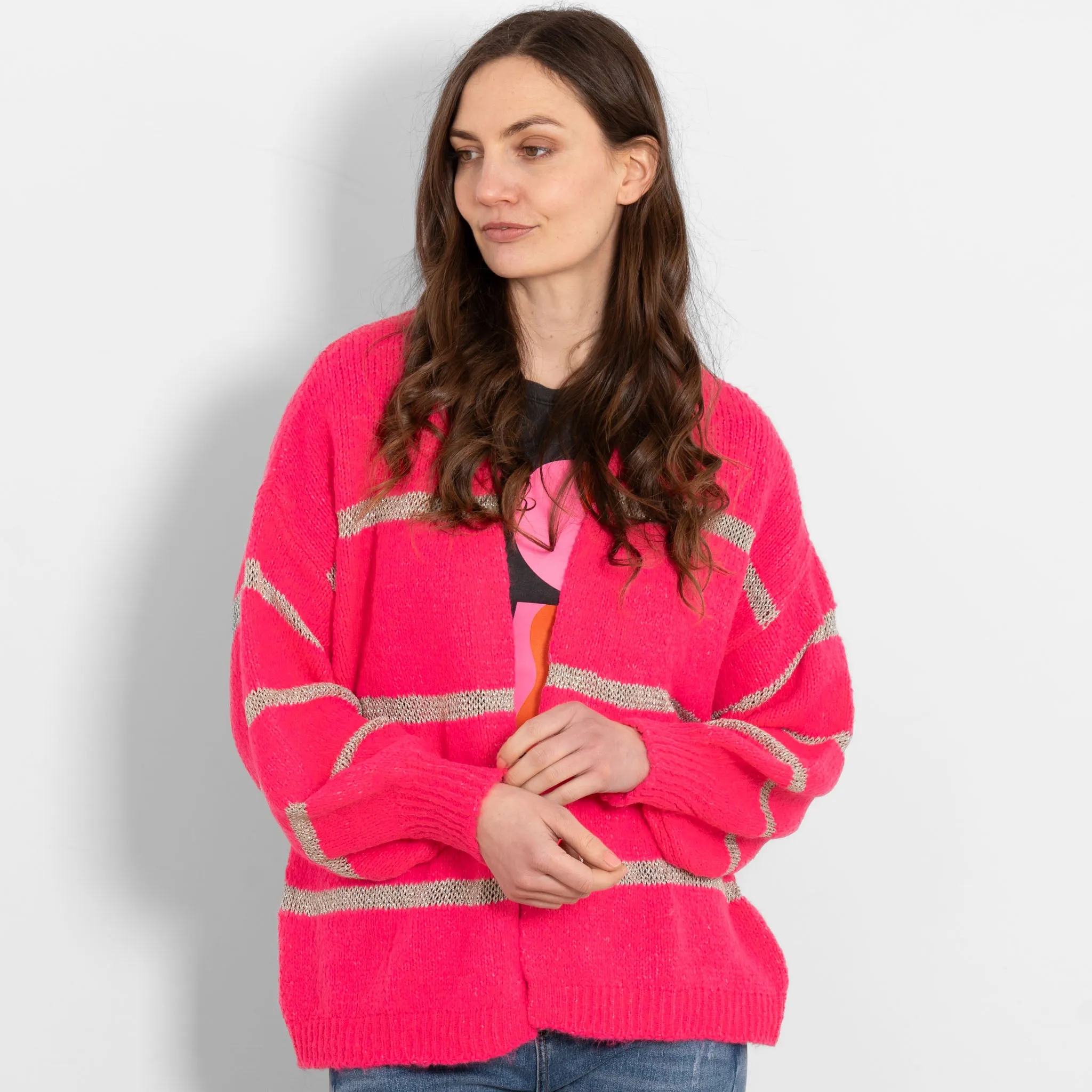 Lucy Wool Blend Cardigan - Neon Pink, Gold/Striped