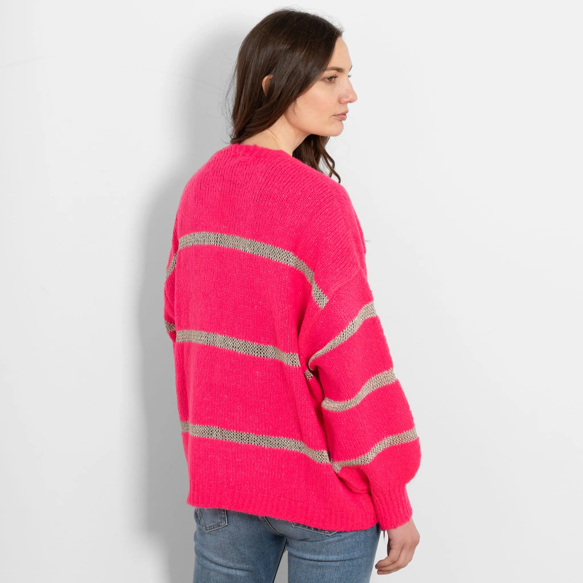 Lucy Wool Blend Cardigan - Neon Pink, Gold/Striped