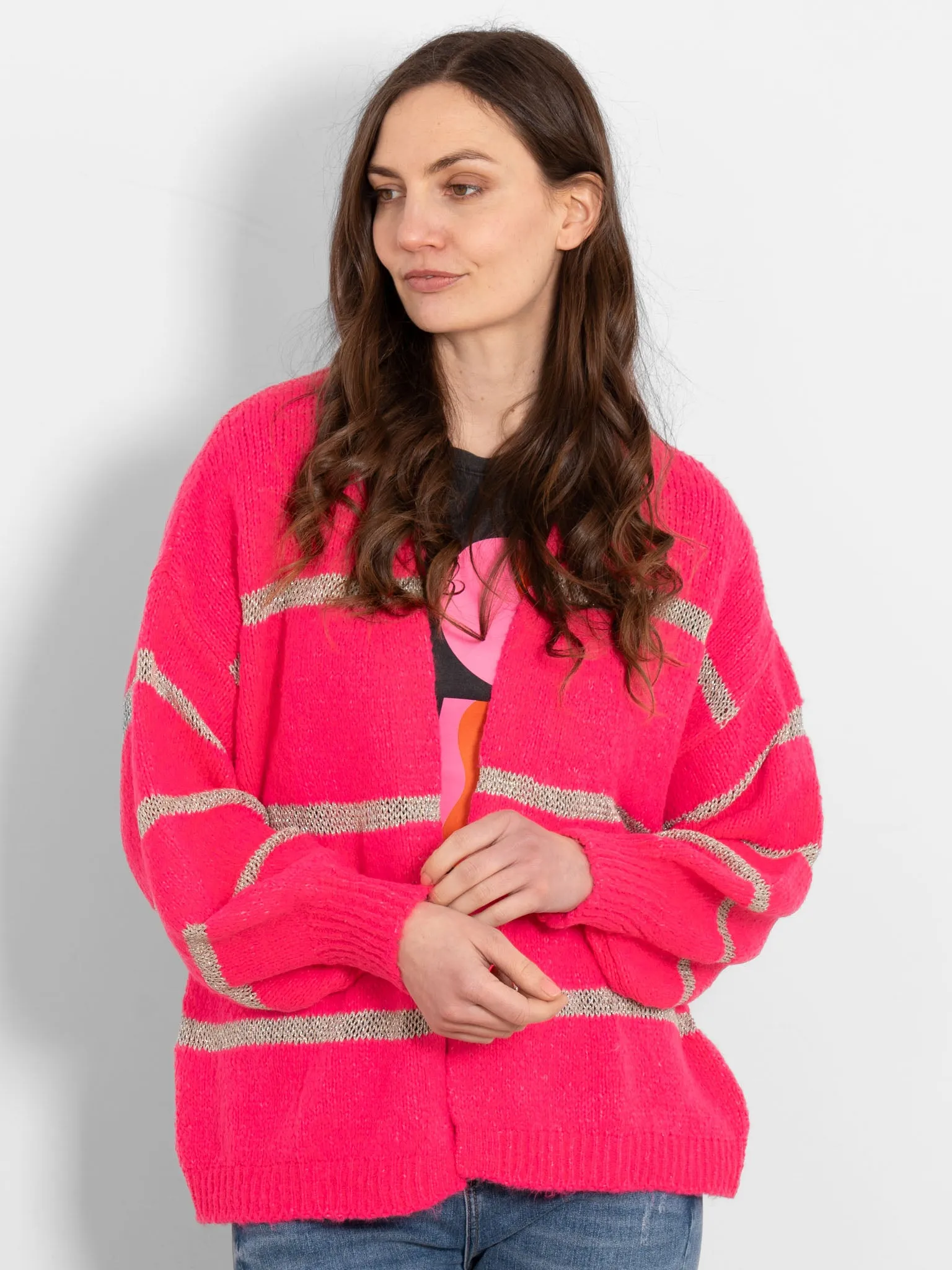 Lucy Wool Blend Cardigan - Neon Pink, Gold/Striped