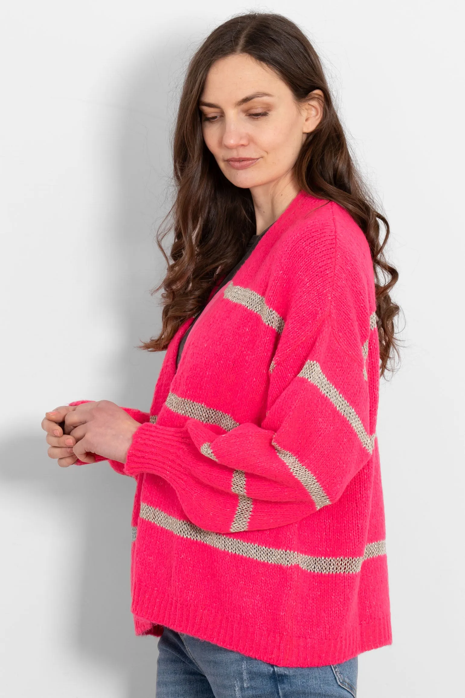 Lucy Wool Blend Cardigan - Neon Pink, Gold/Striped