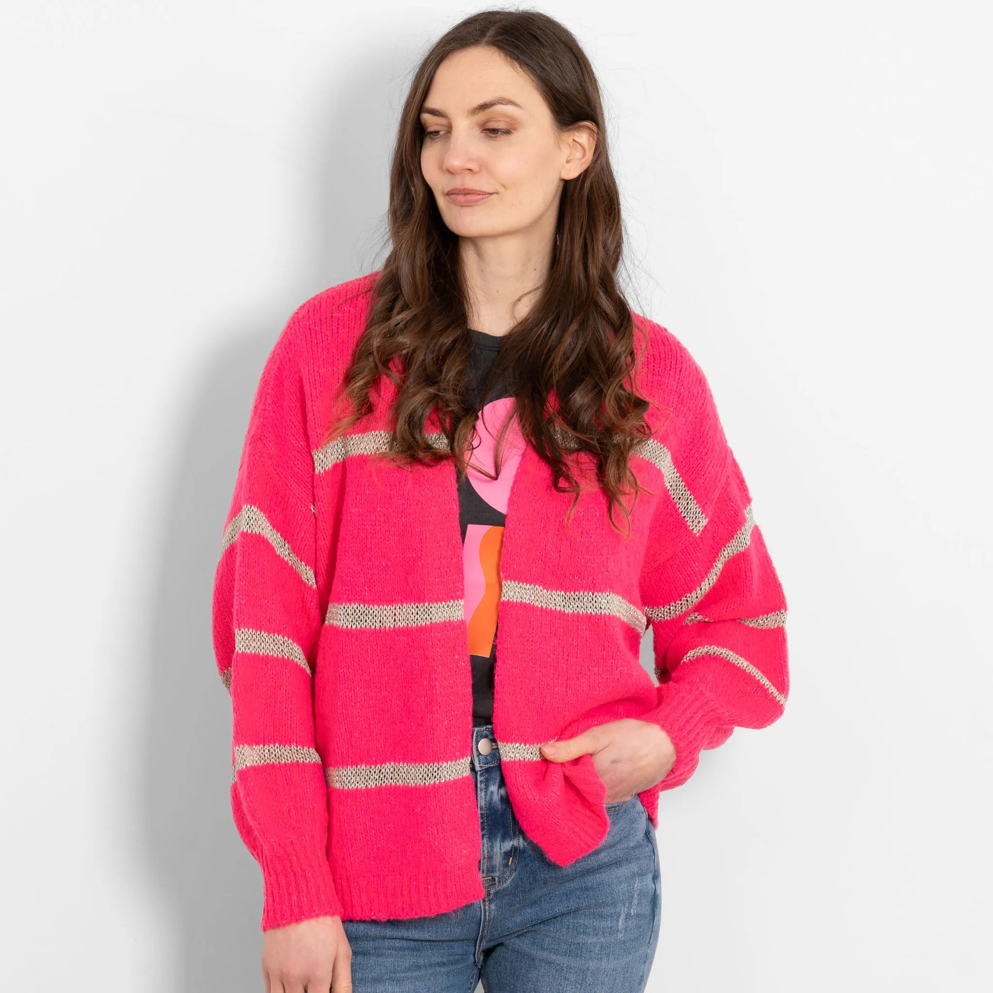 Lucy Wool Blend Cardigan - Neon Pink, Gold/Striped