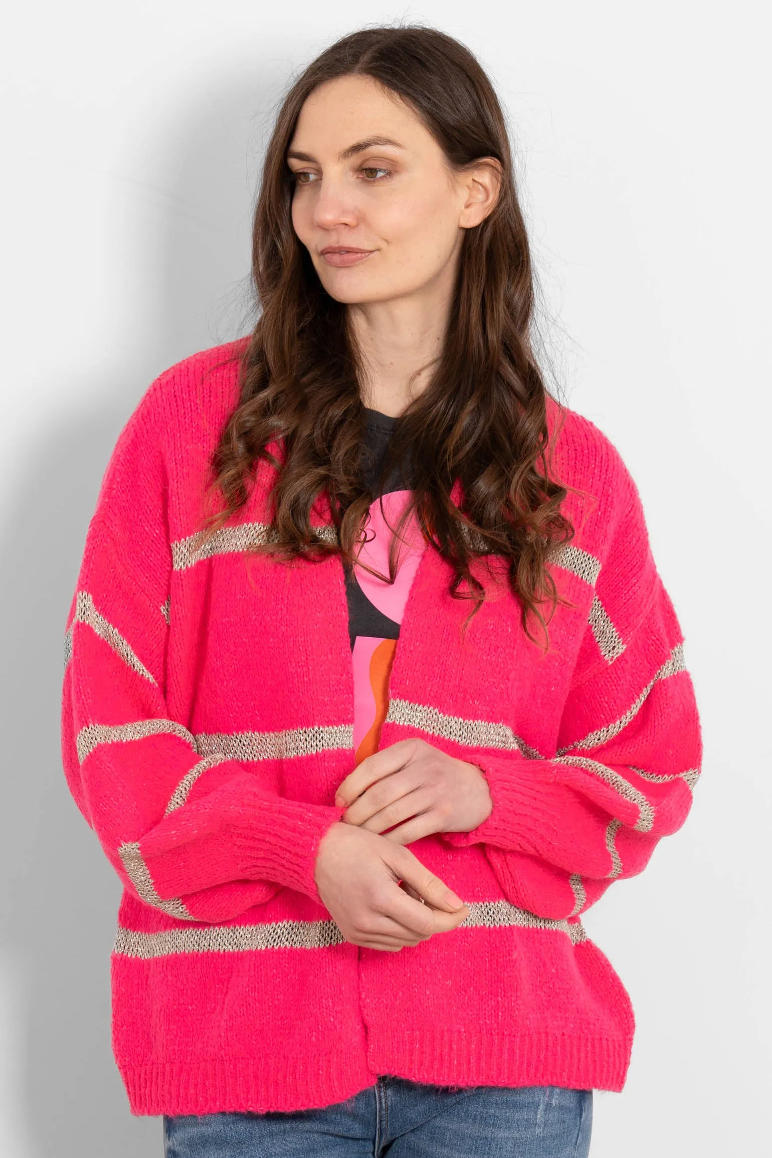 Lucy Wool Blend Cardigan - Neon Pink, Gold/Striped