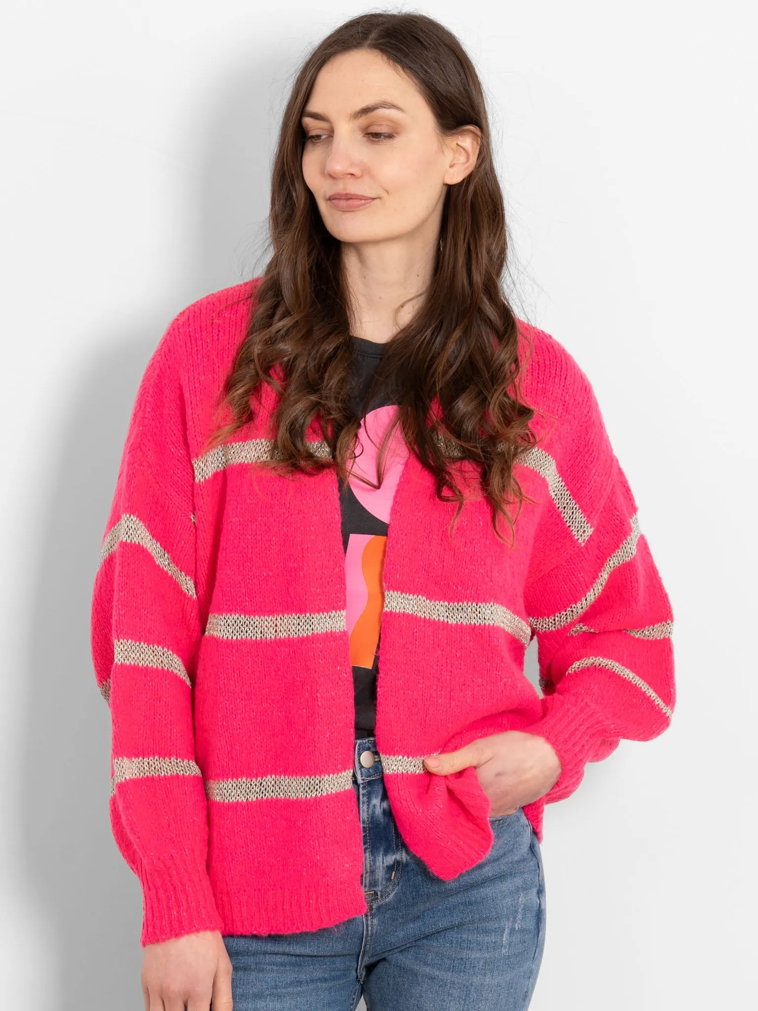 Lucy Wool Blend Cardigan - Neon Pink, Gold/Striped