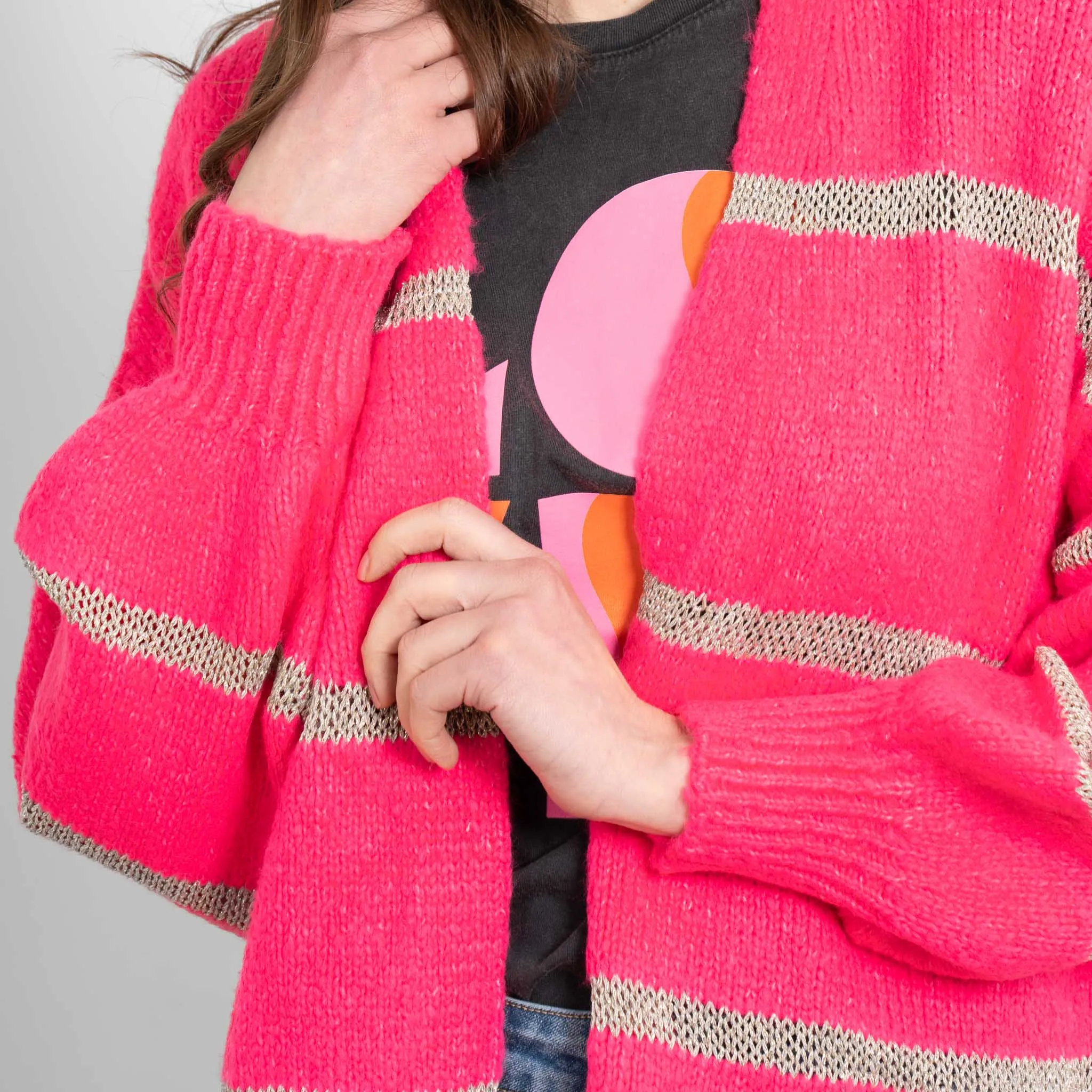 Lucy Wool Blend Cardigan - Neon Pink, Gold/Striped