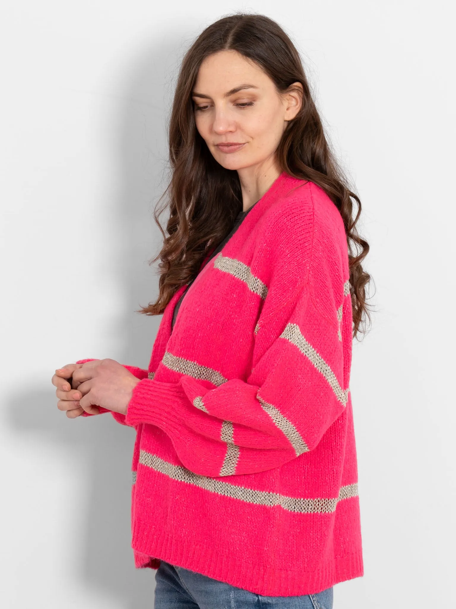Lucy Wool Blend Cardigan - Neon Pink, Gold/Striped