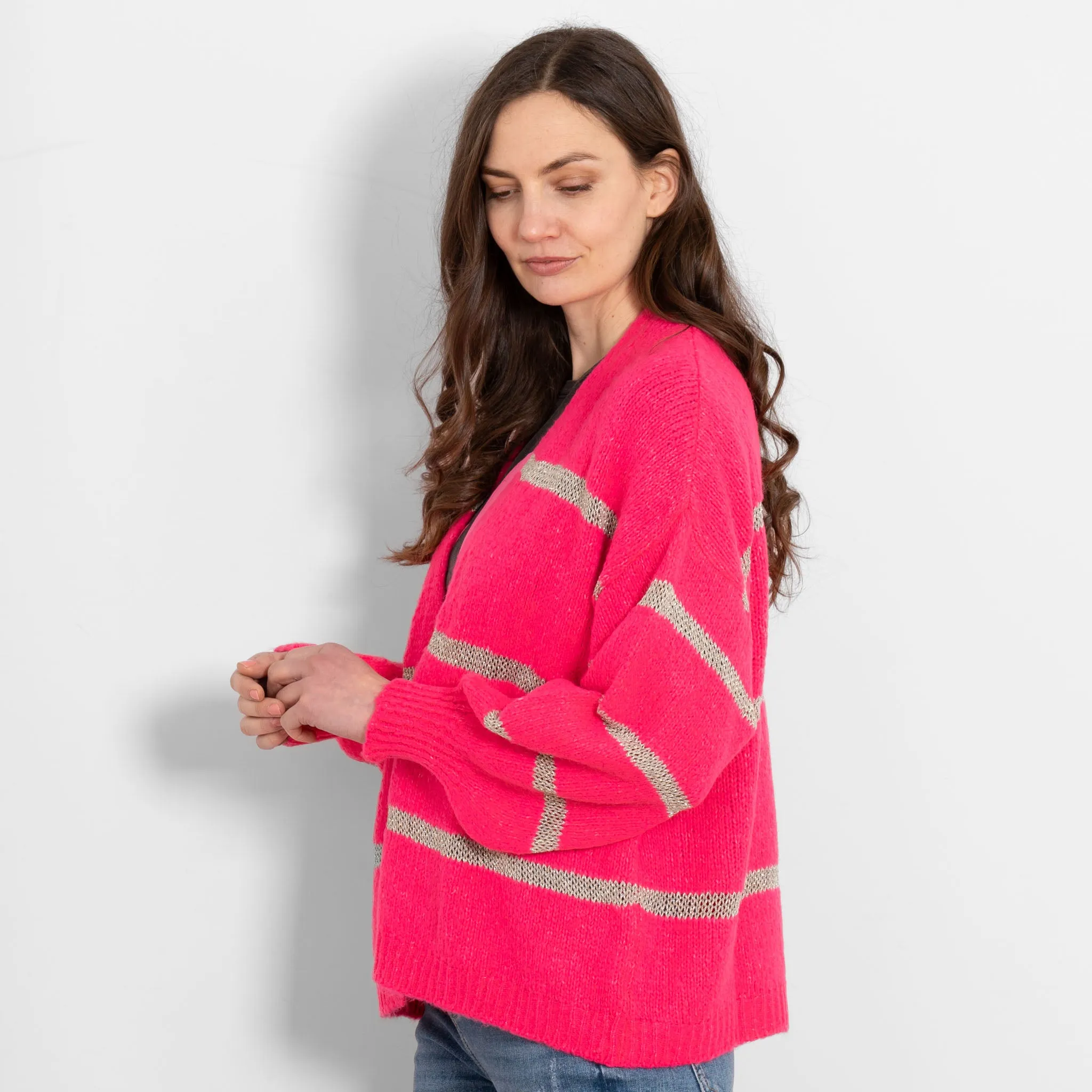 Lucy Wool Blend Cardigan - Neon Pink, Gold/Striped