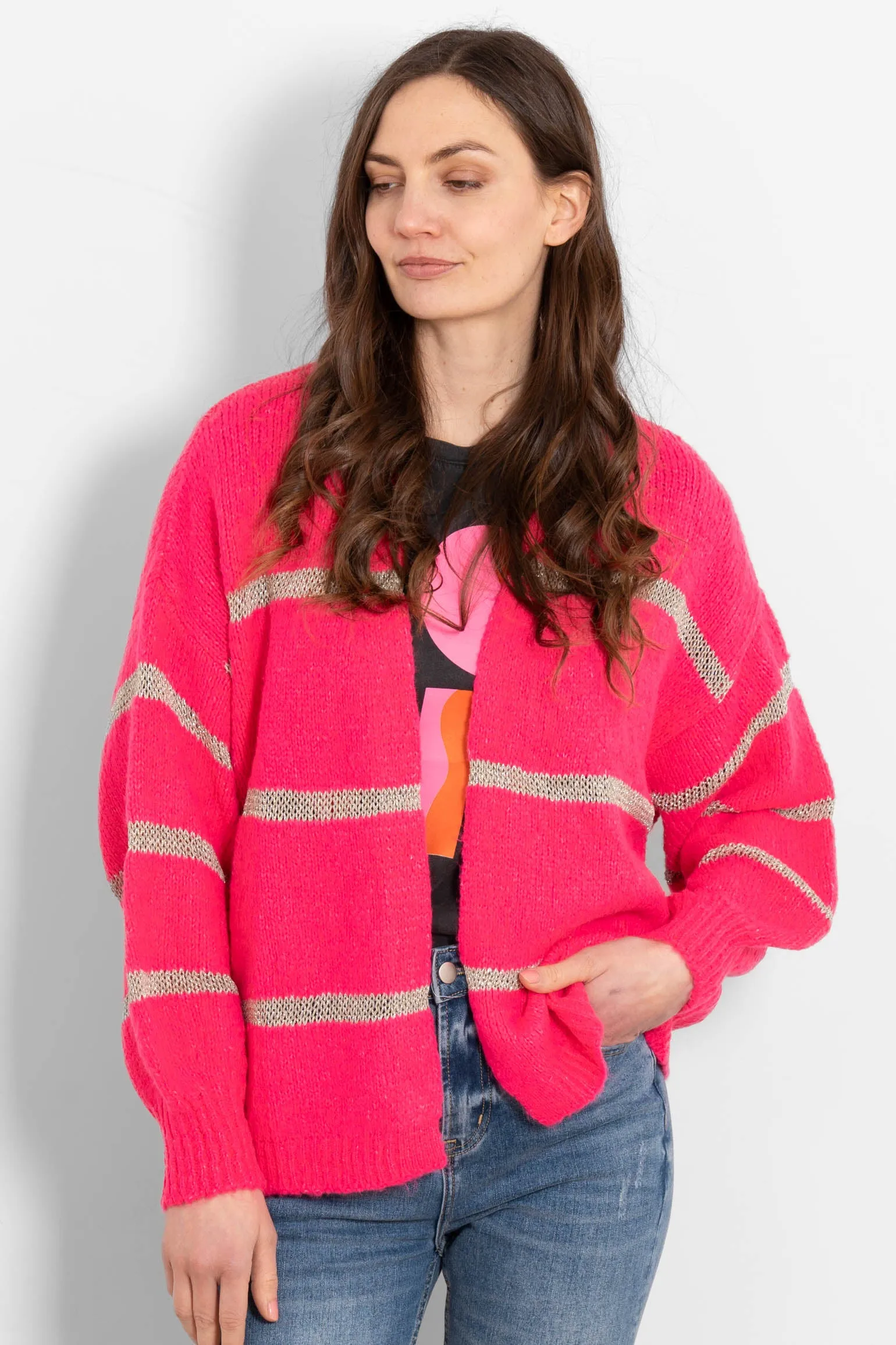 Lucy Wool Blend Cardigan - Neon Pink, Gold/Striped