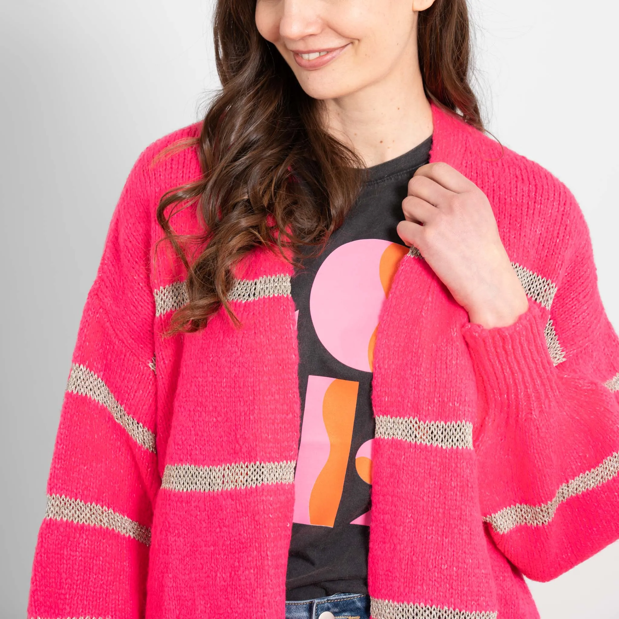 Lucy Wool Blend Cardigan - Neon Pink, Gold/Striped