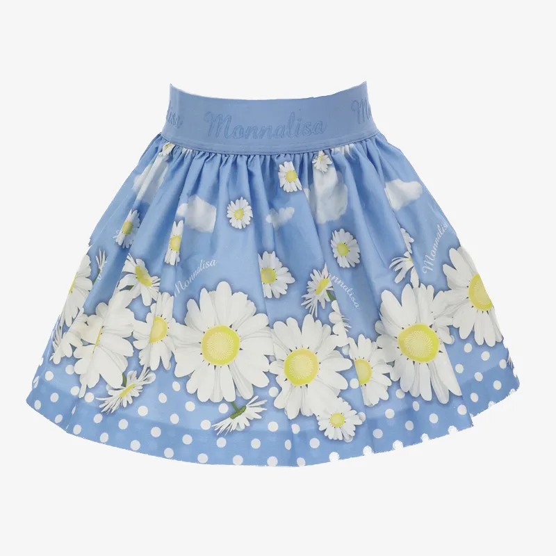 Monnalisa Girl's Sky Blue Daisy Poplin Skirt