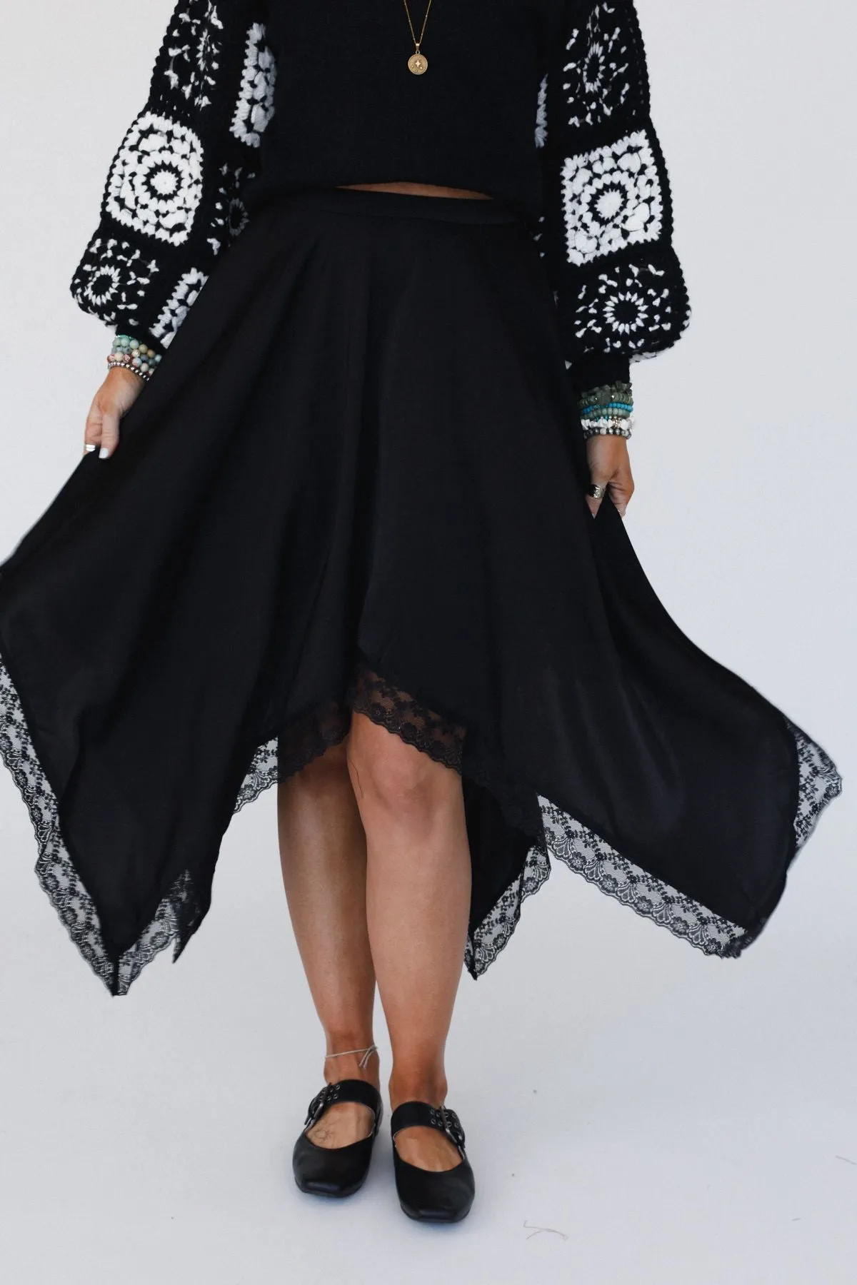 Moonlit Lace Midi Skirt - Black