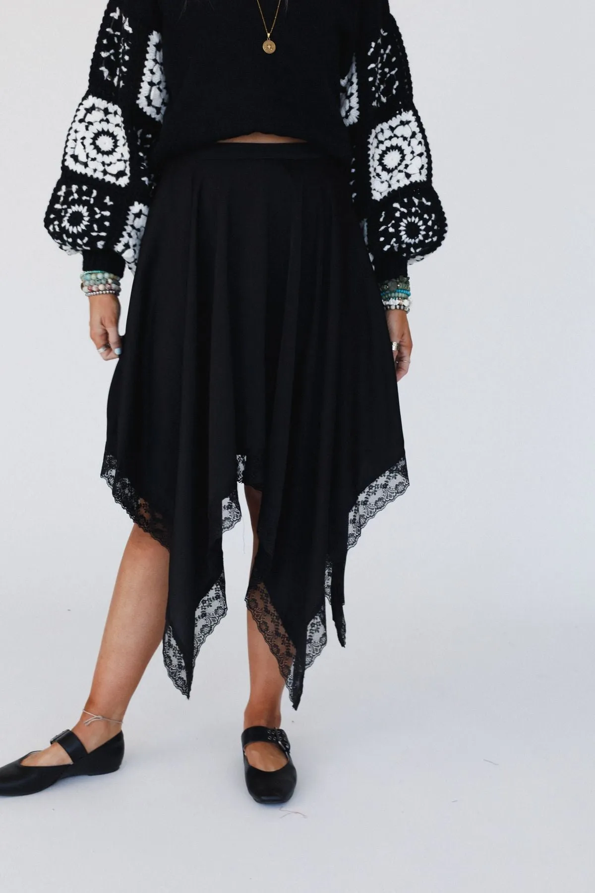 Moonlit Lace Midi Skirt - Black