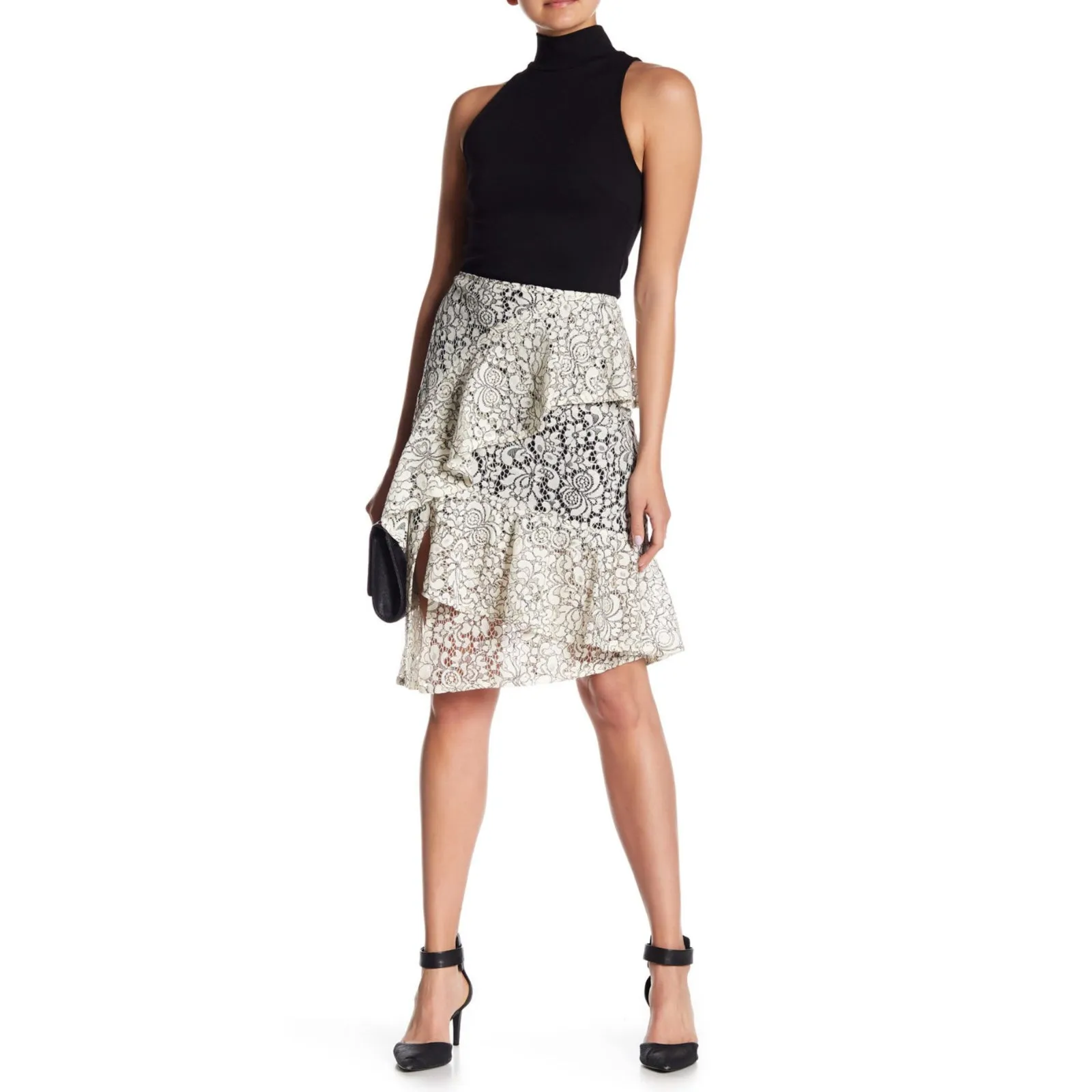 Nanette Lepore Women's Lace Overlay Asymmetrical Ruffle Midi Skirt