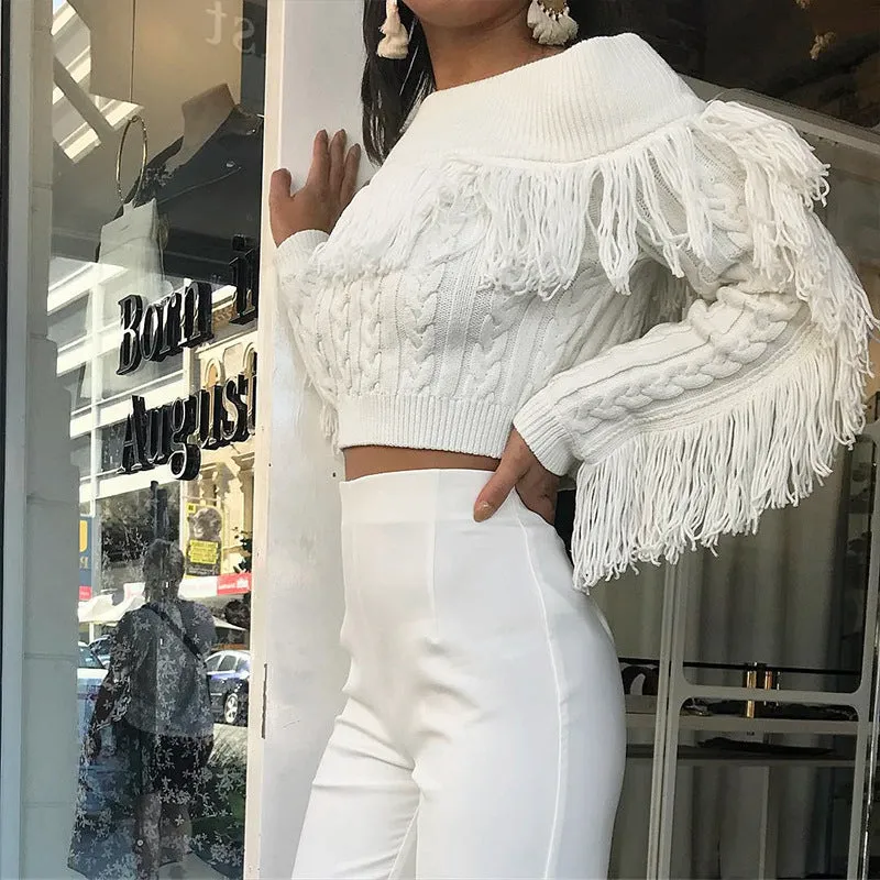 Off Shoulder Tassels Cable Knit Women Sweater