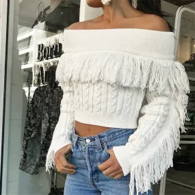 Off Shoulder Tassels Cable Knit Women Sweater