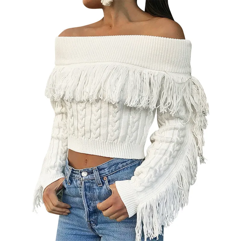Off Shoulder Tassels Cable Knit Women Sweater