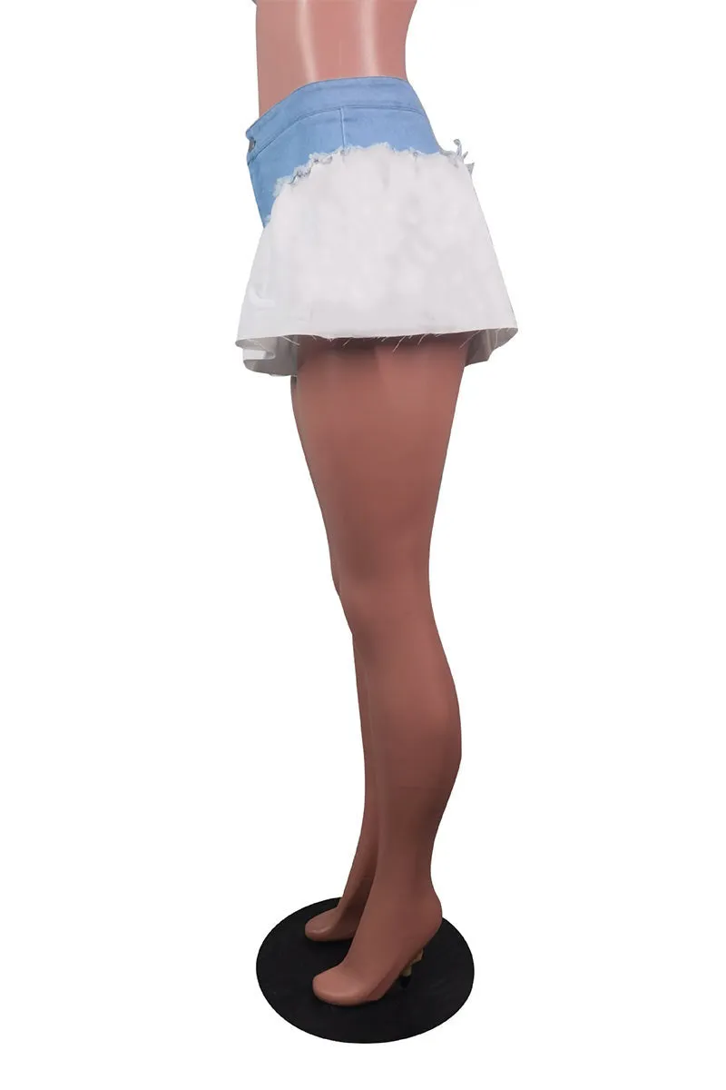PD219 Ruffle Mixed Denim Shorts