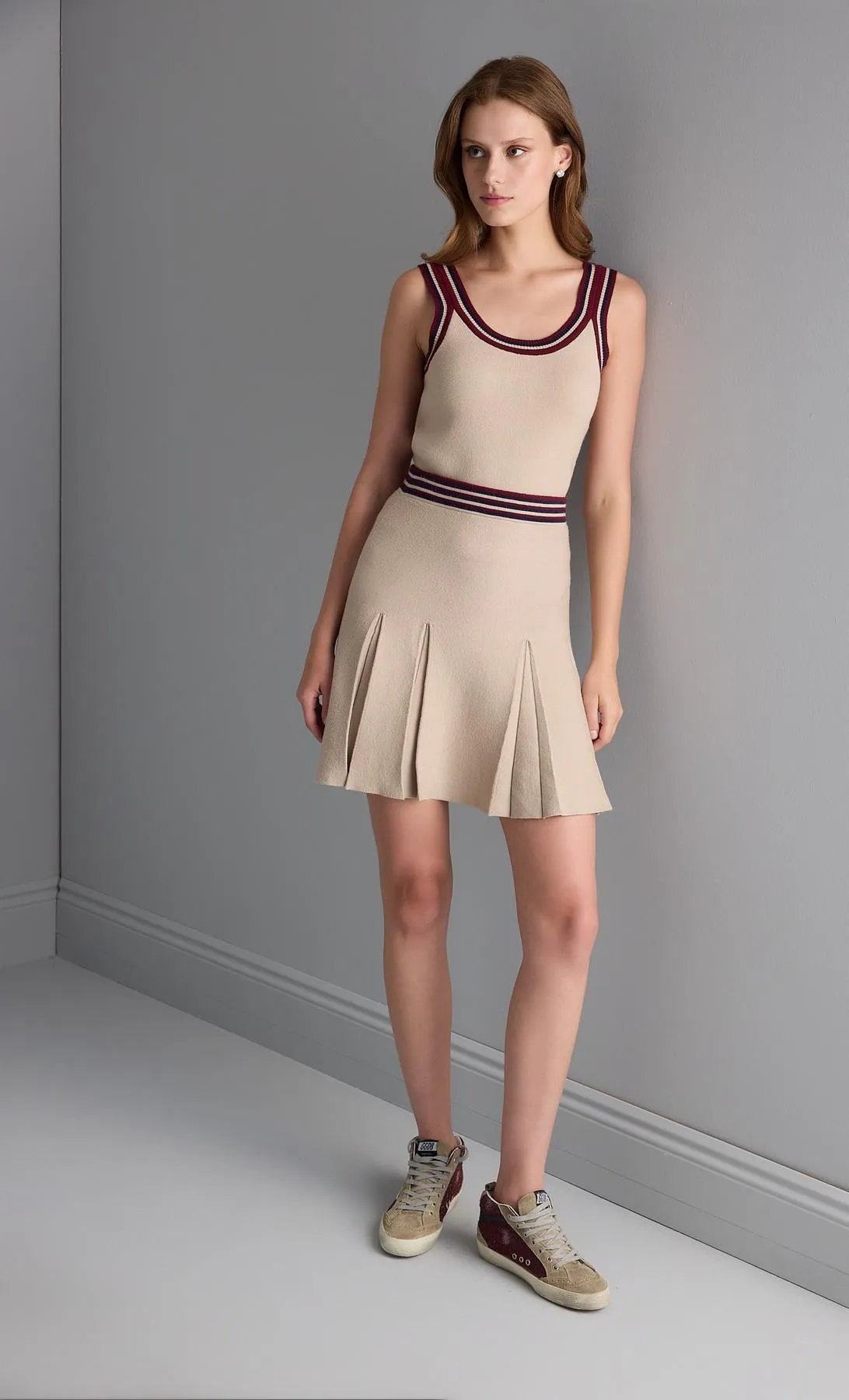 Pleated Beige Mini Knitwear Skirt with Ribbon Detail