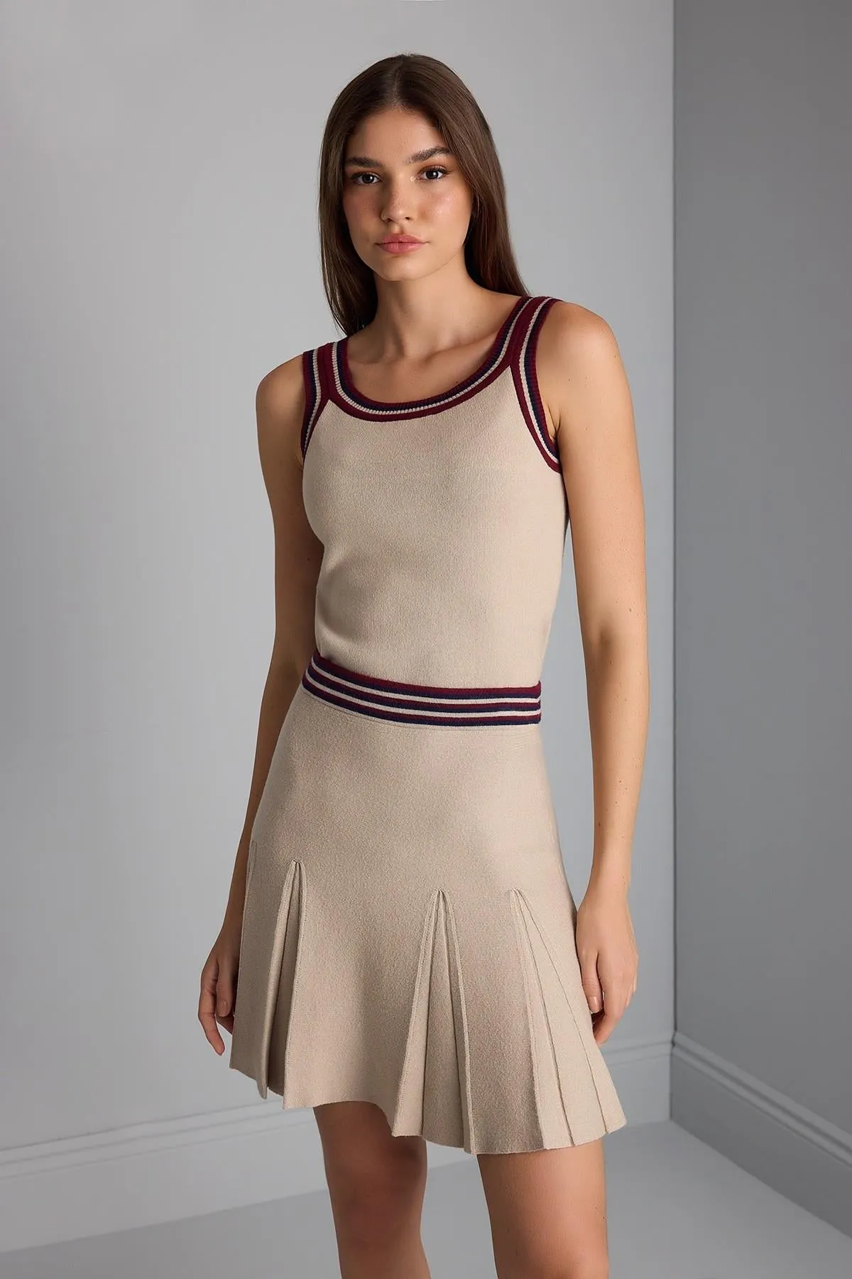Pleated Beige Mini Knitwear Skirt with Ribbon Detail