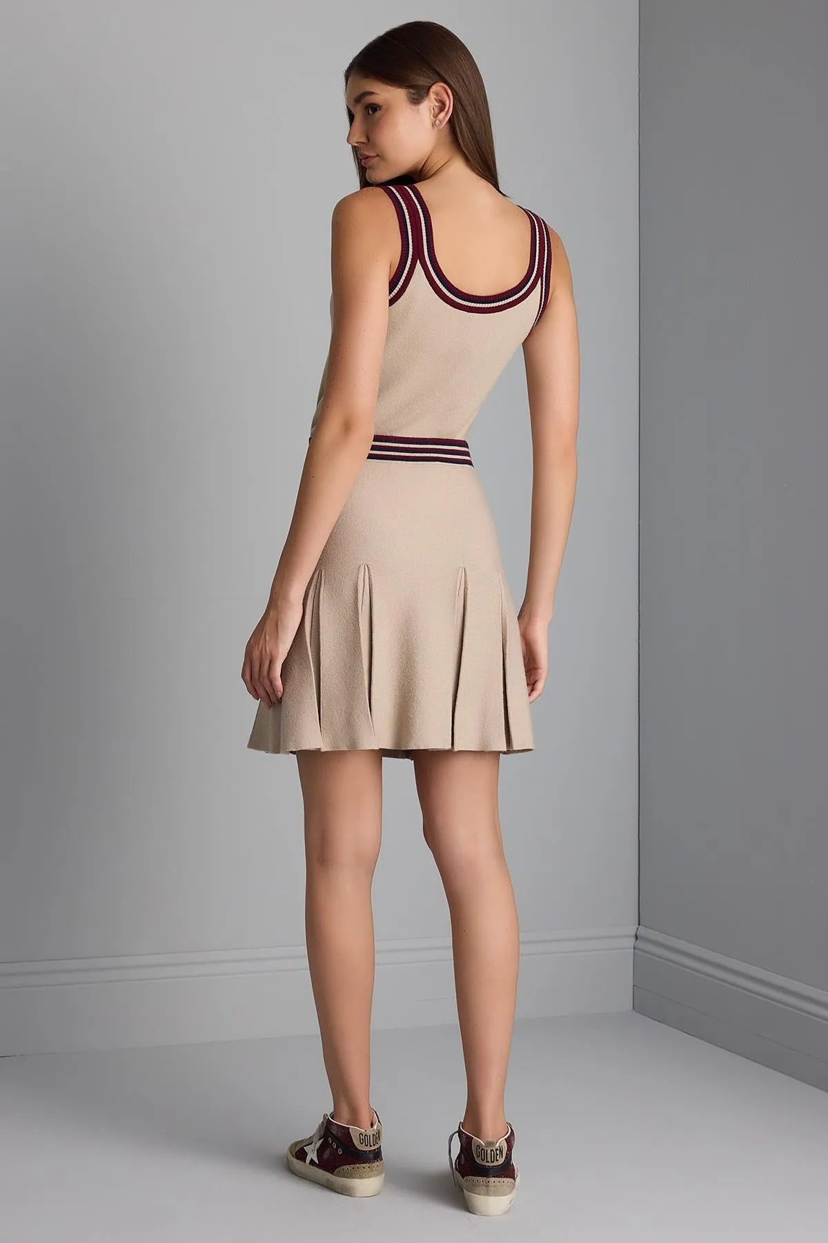 Pleated Beige Mini Knitwear Skirt with Ribbon Detail