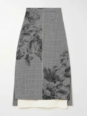 Pleated Prince of Wales floral-print recycled woven midi skirt