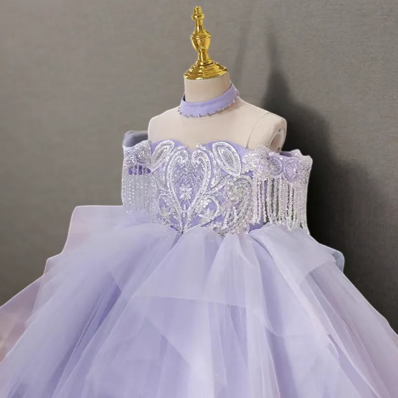 Purple Off-Shoulder Tulle Flower Girl Dress with Crystal Embellishments and Layered Skirt - Plus Size