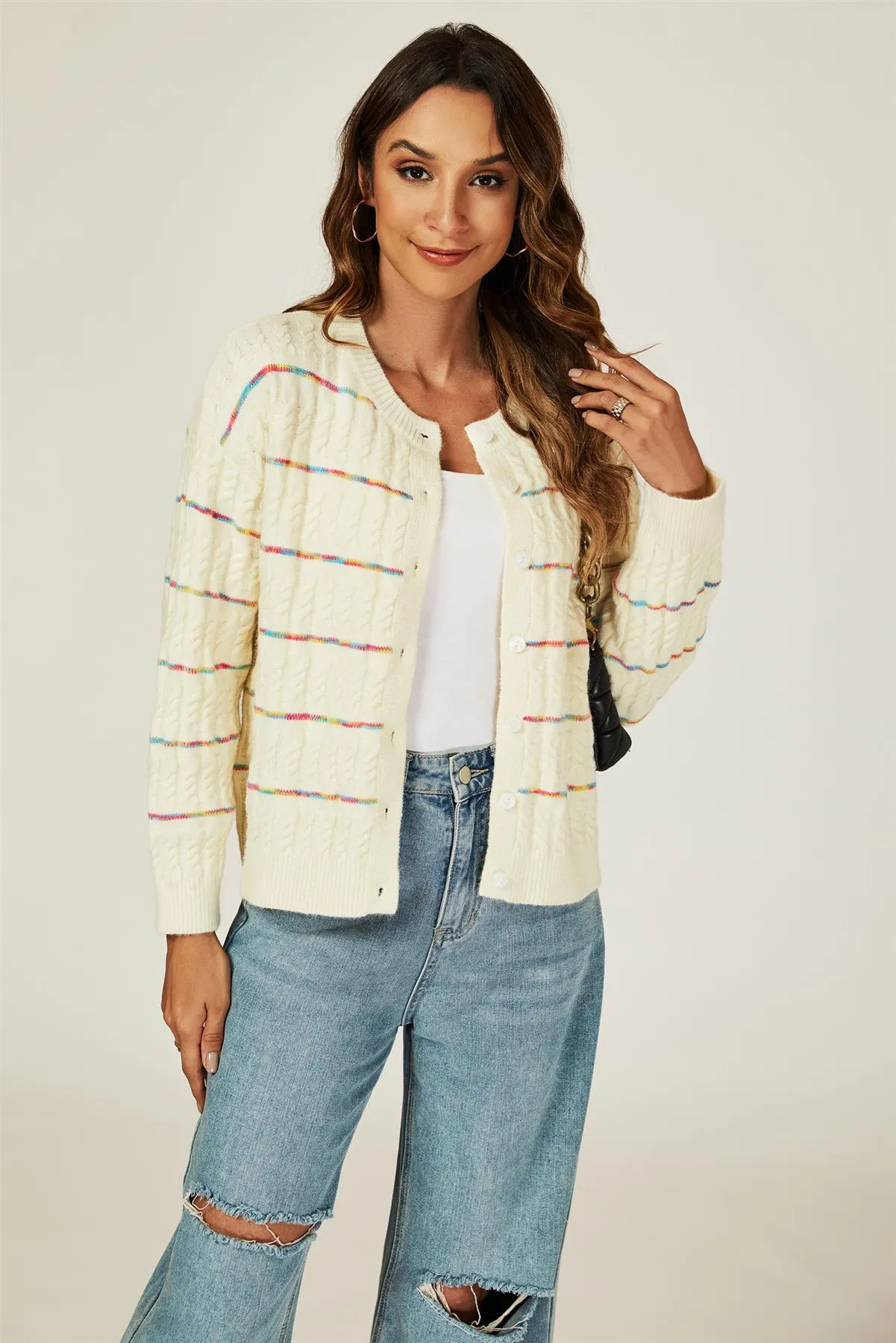 Rainbow Stripe Knitted Cardigan In White