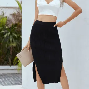 Ribbed Side Slit Midi Skirt