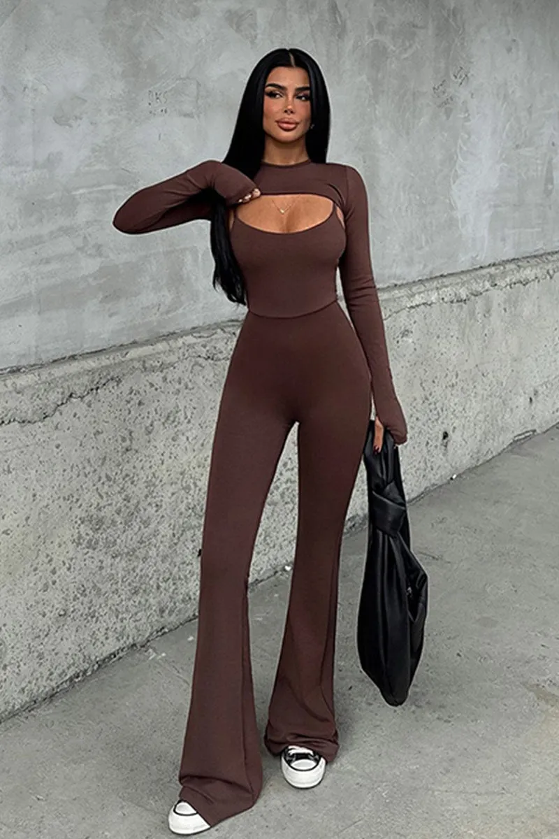Solid Hollow Jumpsuits And Long Sleeve Shawl