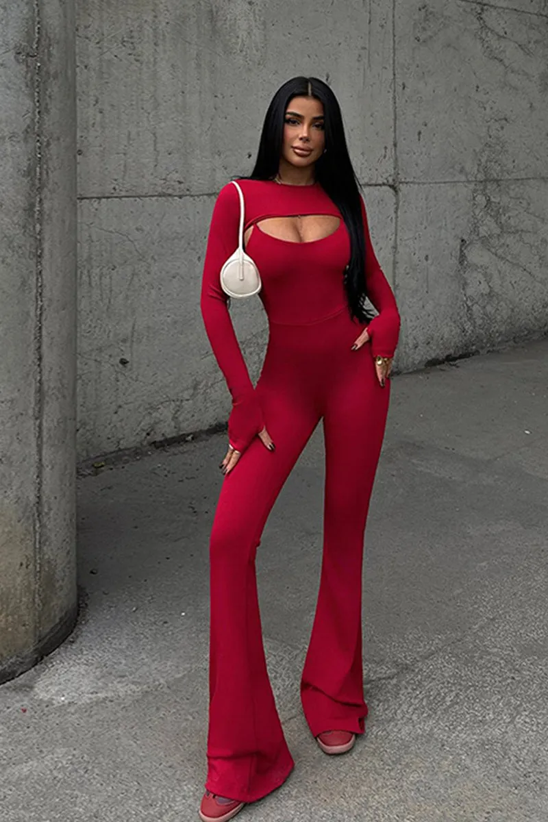 Solid Hollow Jumpsuits And Long Sleeve Shawl