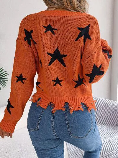 Star Pattern V-Neck Distressed Crop Sweater