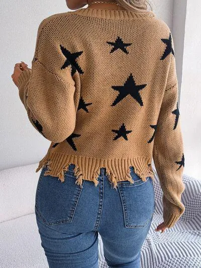 Star Pattern V-Neck Distressed Crop Sweater
