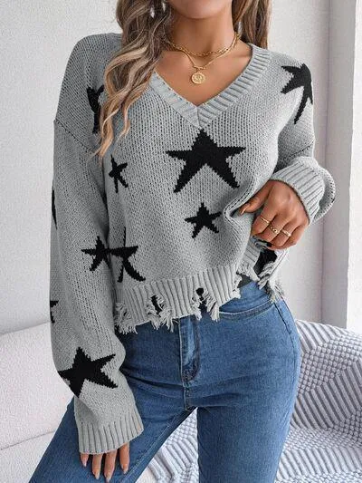 Star Pattern V-Neck Distressed Crop Sweater