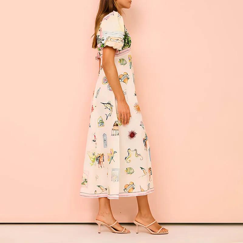 Sunset Printed Bubble Sleeve Dress