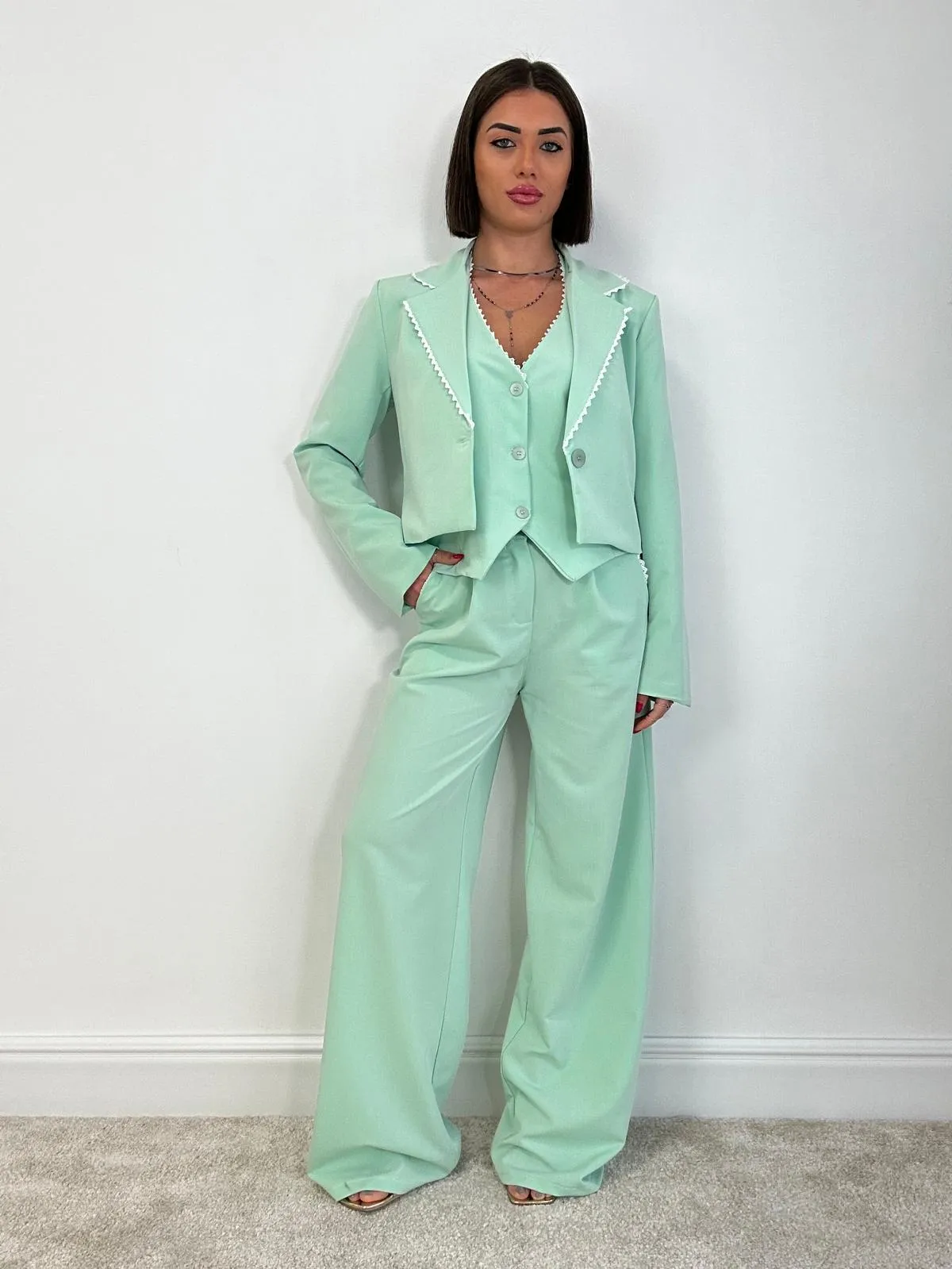 Tailleur Havana (Blazer Crop   Gilet   Pantalone) Verde Acqua