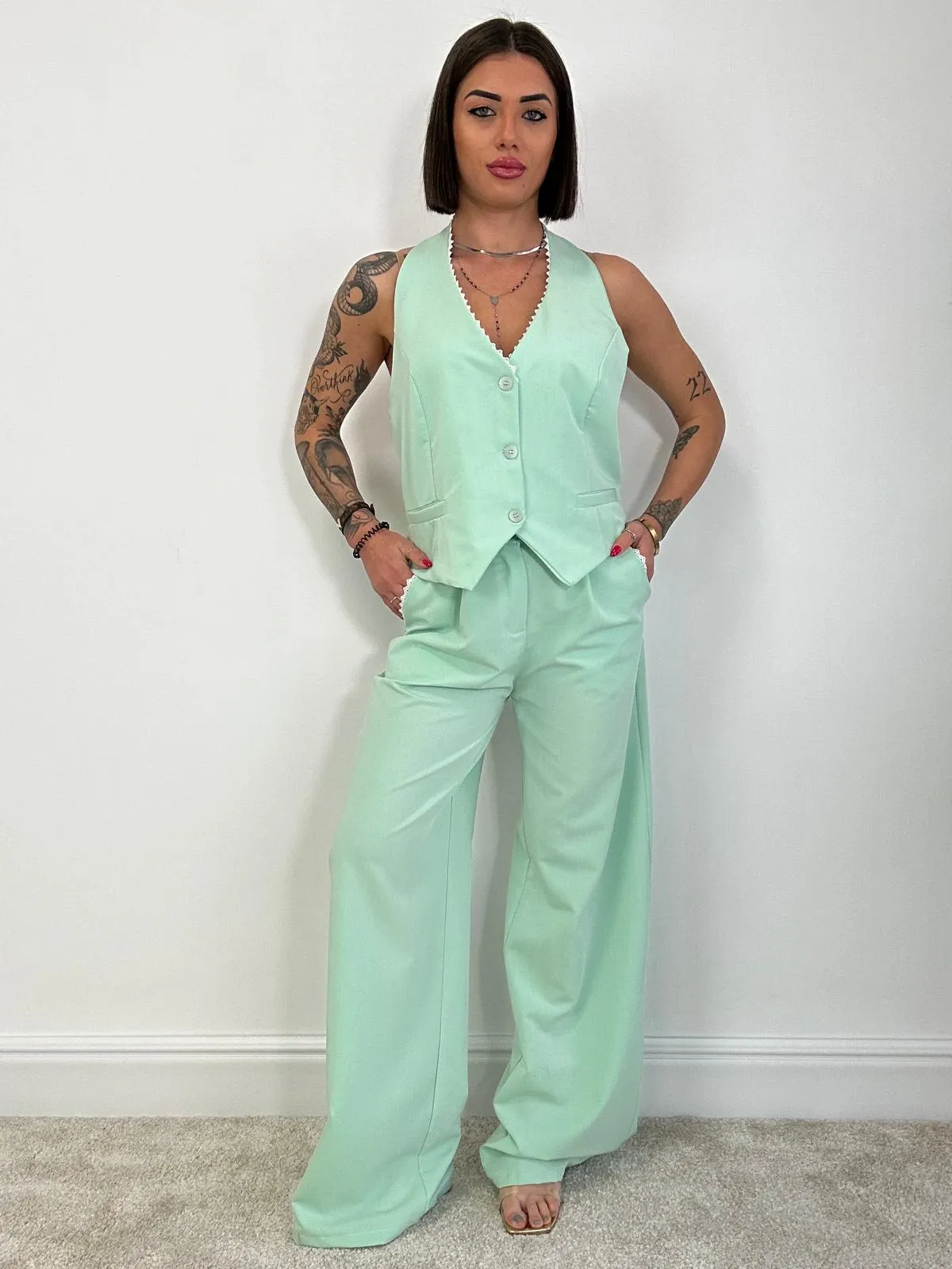 Tailleur Havana (Blazer Crop   Gilet   Pantalone) Verde Acqua