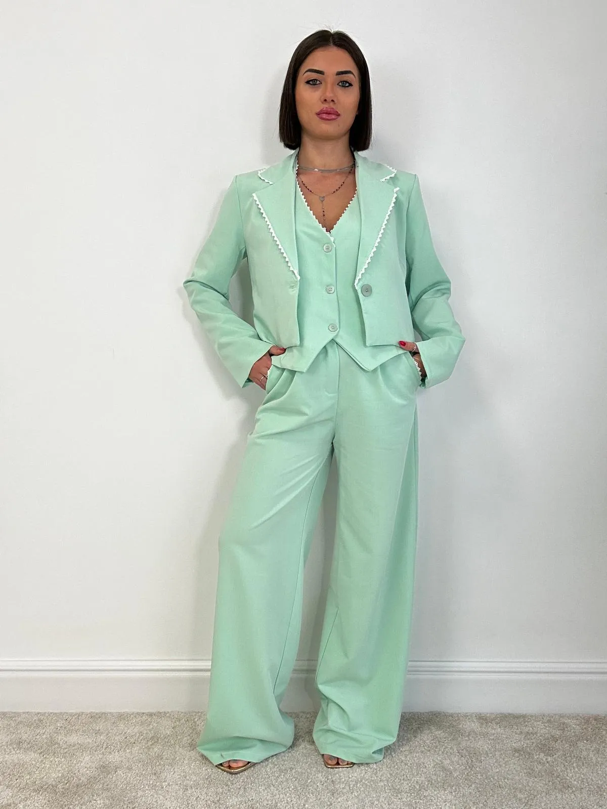 Tailleur Havana (Blazer Crop   Gilet   Pantalone) Verde Acqua