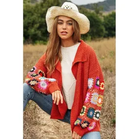 The Floral Crochet Sleeve Knit Cardigan in Rust or Cream